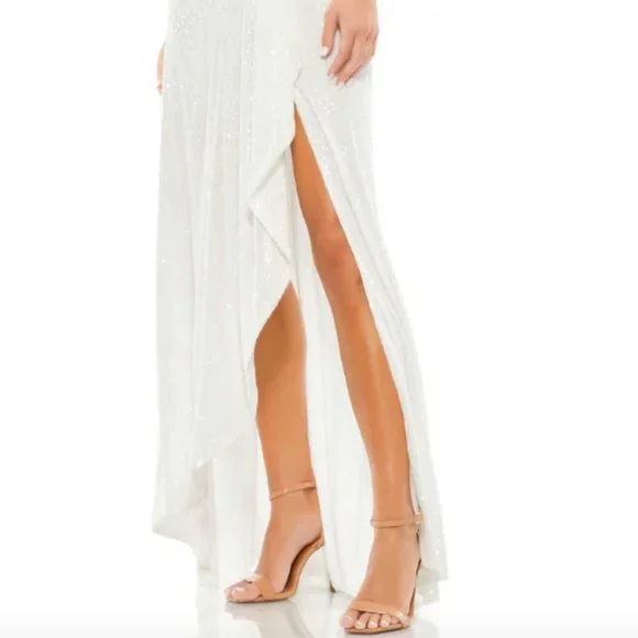 MAC DUGGAL SEQUIN WRAP THIGH SLIT EVENING WHITE GOWN SZ 4